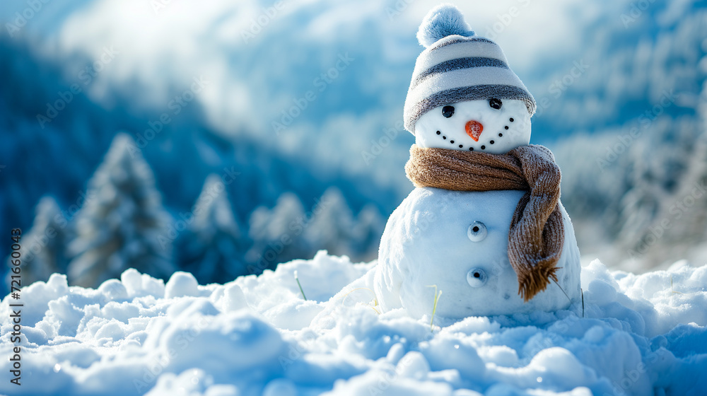 Obraz premium 可愛い雪だるまが冬の暖かい挨拶をしてくれるイメージ。クリスマス、冬の雰囲気演出。