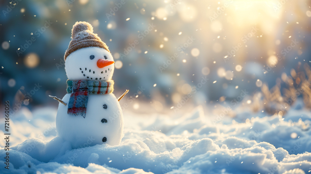 Fototapeta premium 可愛い雪だるまが冬の暖かい挨拶をしてくれるイメージ。クリスマス、冬の雰囲気演出。