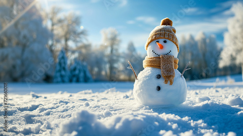 可愛い雪だるまが冬の暖かい挨拶をしてくれるイメージ。クリスマス、冬の雰囲気演出。 © Imaging L