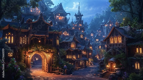 Mystical Hamlet Beyond Grand Wooden Gate, Where Imagination Flourishes