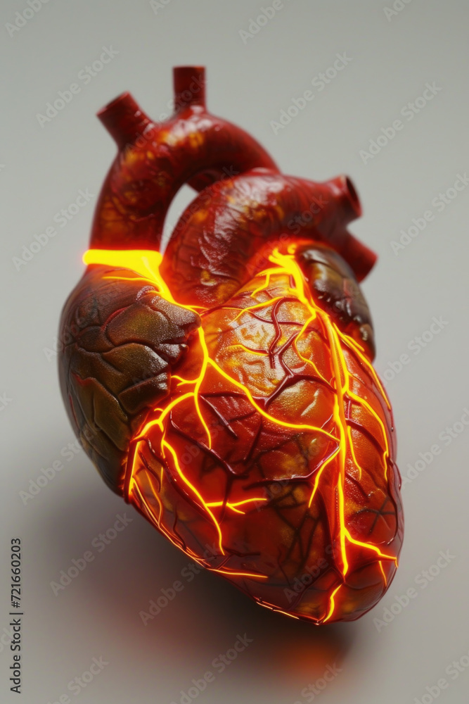 3D Model Heart with Orange Electric Pulse, Generative AI