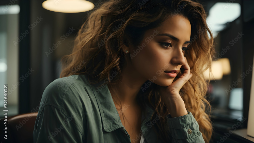 In bright modern office, a 35 years old beautiful hispanic businesswoman looking down, said mood, worried. In bright modern office, a 35 years old beautiful hispanic businesswoman looking down, said mood, worried.