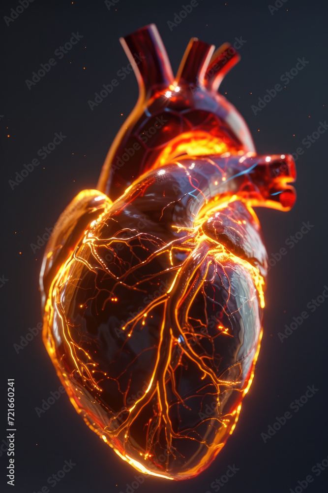 3D Model Heart with Orange Electric Pulse, Generative AI