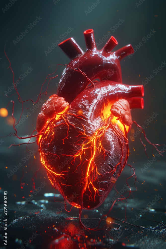 3D Model Heart with Orange Electric Pulse, Generative AI