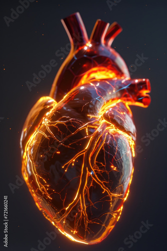 Obraz na płótnie 3D Model Heart with Orange Electric Pulse, Generative AI w salonie