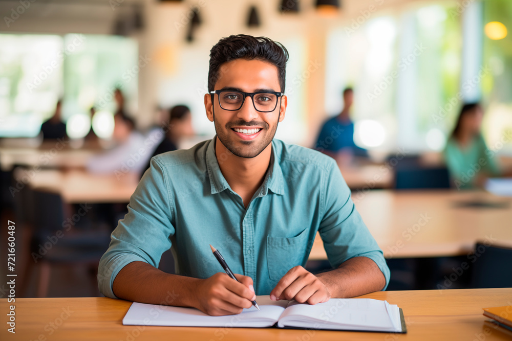 Smiling student with glasses taking notes in a college classroom. Smiling student with glasses taking notes in a college classroom.