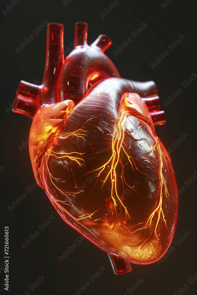 3D Model Heart with Orange Electric Pulse, Generative AI