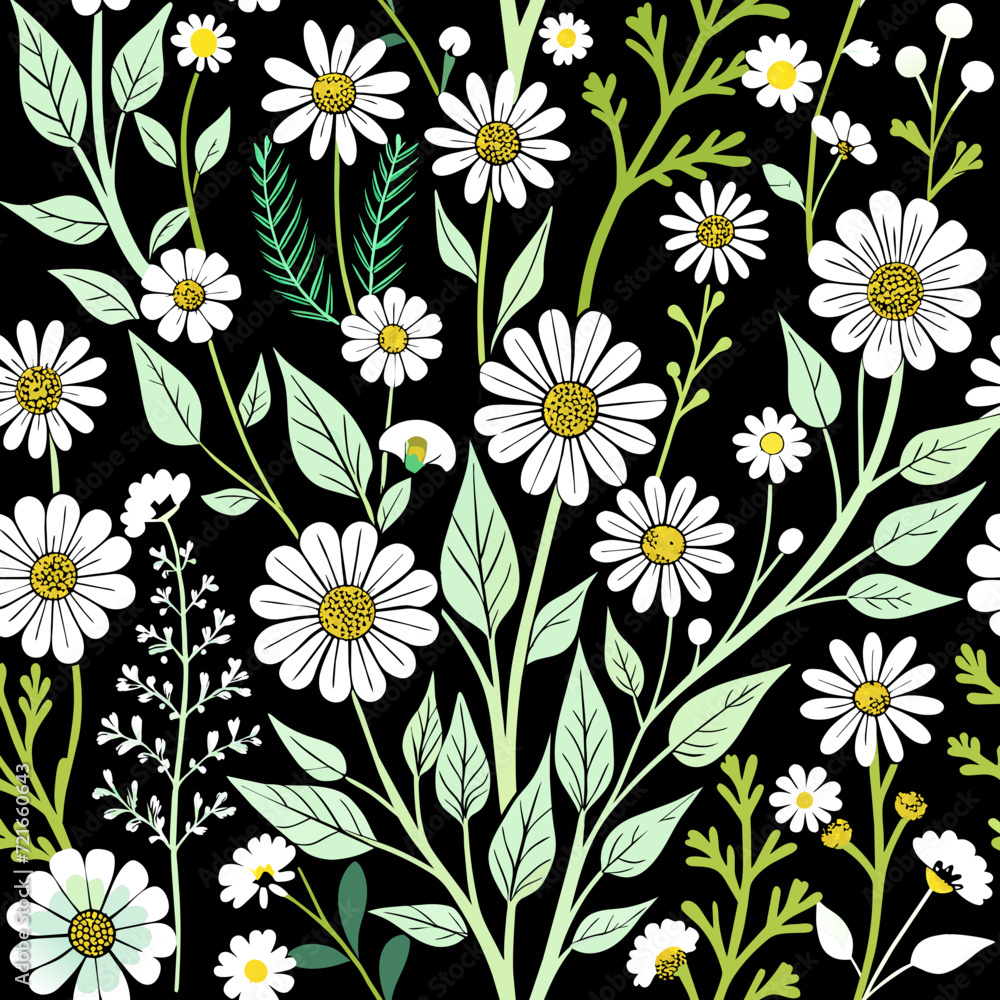 pattern with flowers, white wildflowers pattern on black background. pattern with flowers, white wildflowers pattern on black background.
