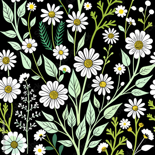 pattern with flowers, white wildflowers pattern on black background.