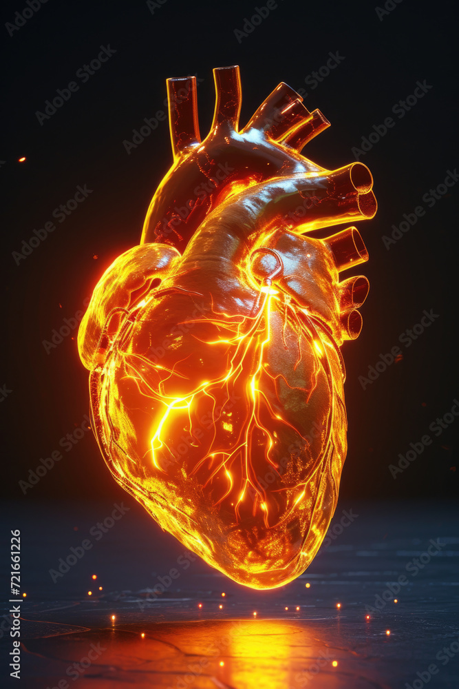 3D Model Heart with Orange Electric Pulse, Generative AI