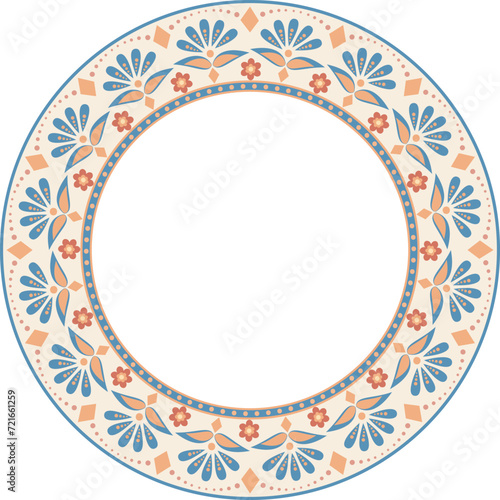 Rustic Scandinavian floral repeating pattern round frame border. Use for embroidery framing, plate contour, greeting card, invitation, national holidays, Easter