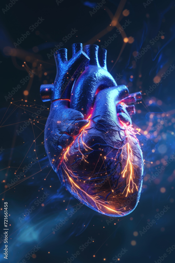 3D Heart Model with Multicolor Glow and Orange Pulse, Generative AI