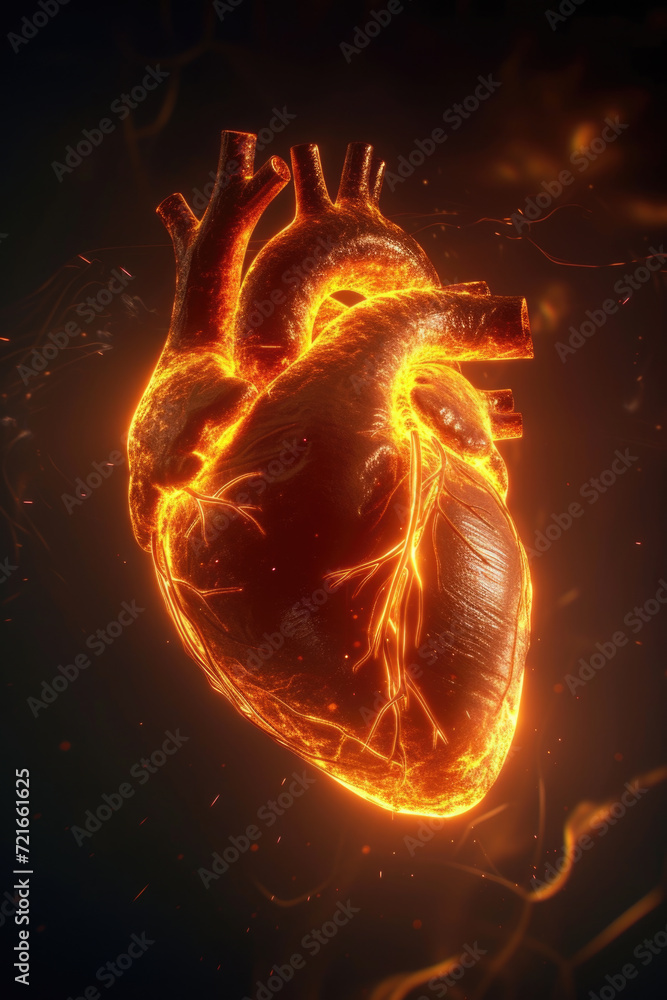 3D Model Heart with Orange Electric Pulse, Generative AI