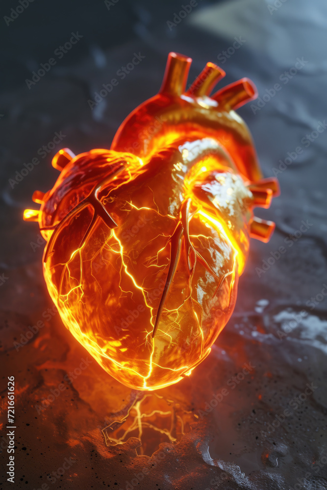 3D Model Heart with Orange Electric Pulse, Generative AI