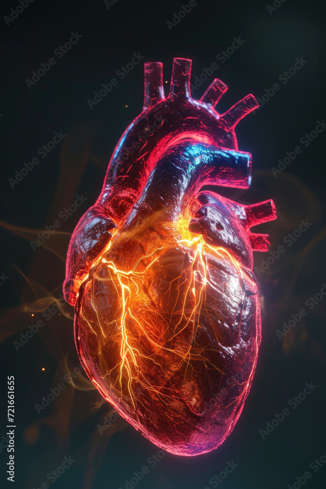 3D Heart Model with Golden Electric Pulse, Generative AI