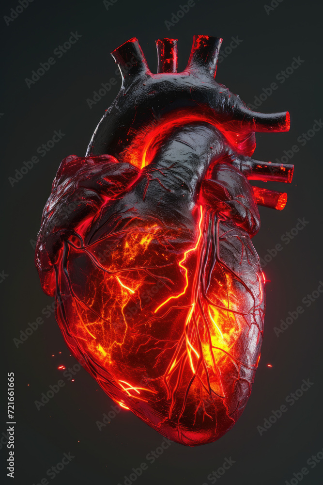 3D Model Heart with Orange Electric Pulse, Generative AI