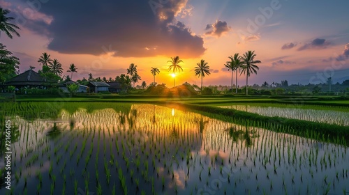 Maghrib's Golden Embrace: Serenity in the Rice Paddy, a Tranquil Village Bathed in Warmth