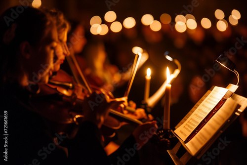 Romantic candlelit music performance. Elegant concert with candles. Atmospheric live music by candlelight. Intimate candlelit musical event. Jazz or classical concert illuminated by candles.