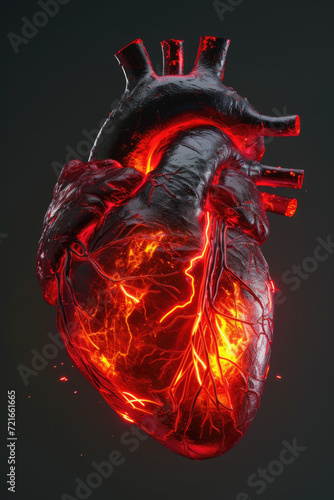 Obraz na płótnie 3D Model Heart with Orange Electric Pulse, Generative AI w salonie