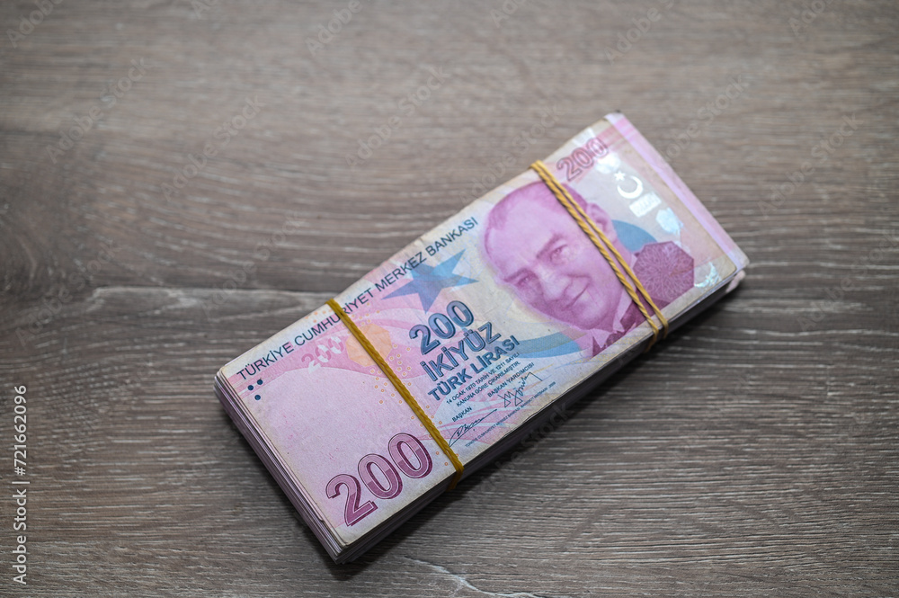 Gaziveren, Cyprus 01/27/2024 - a pack of 200 Turkish lira bills 3 Gaziveren, Cyprus 01/27/2024 - a pack of 200 Turkish lira bills 3