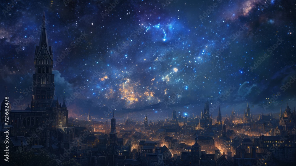 a city, fairy tale, with view of galaxy above