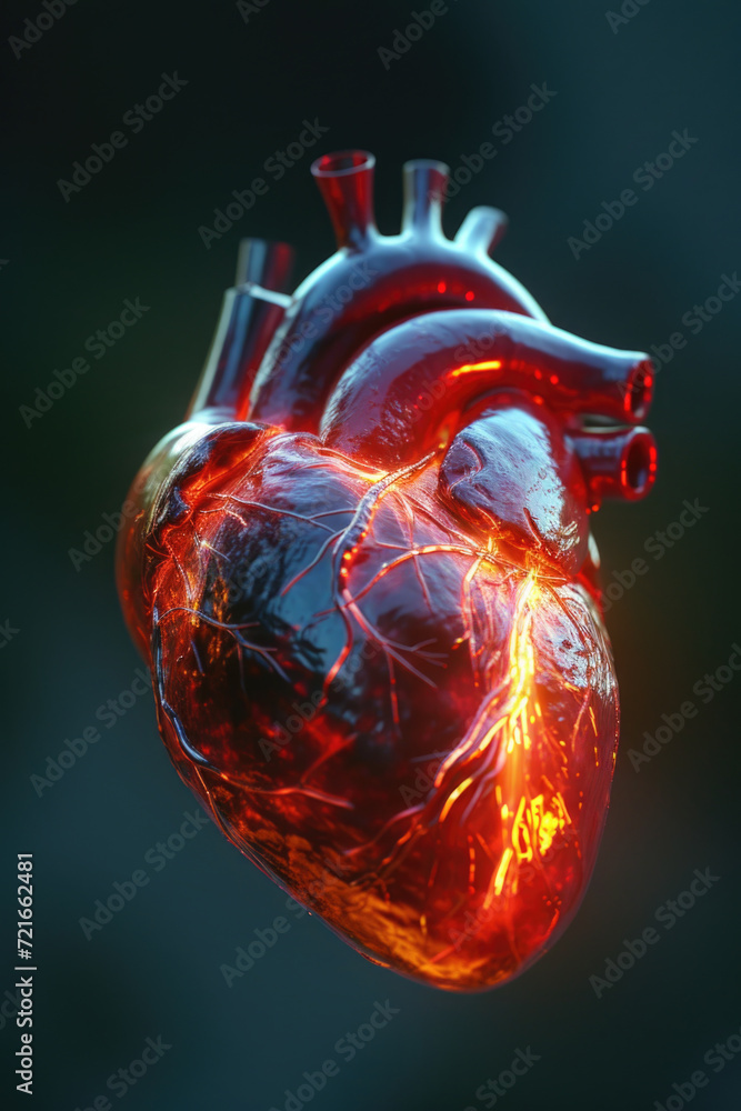 3D Model Heart with Orange Electric Pulse, Generative AI