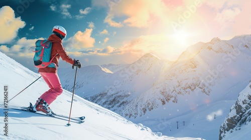 young woman skiing in snow mountains