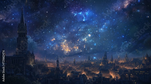a city, fairy tale, with view of galaxy above © Elzerl