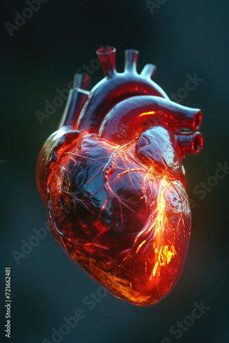 Obraz na płótnie 3D Model Heart with Orange Electric Pulse, Generative AI w salonie
