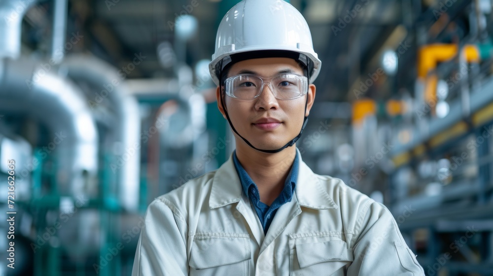 Portrait of a Confident Industrial Engineer in Factory. Generative AI. Portrait of a Confident Industrial Engineer in Factory. Generative AI.