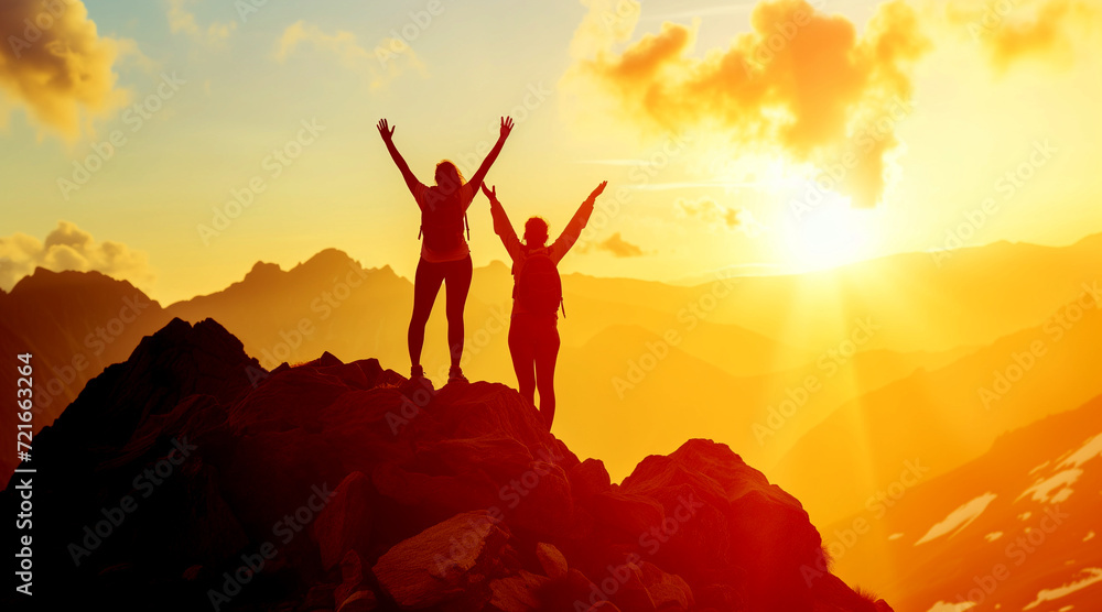 Small silhouette of a couple standing with raised arms on rocky mountain top at sunset