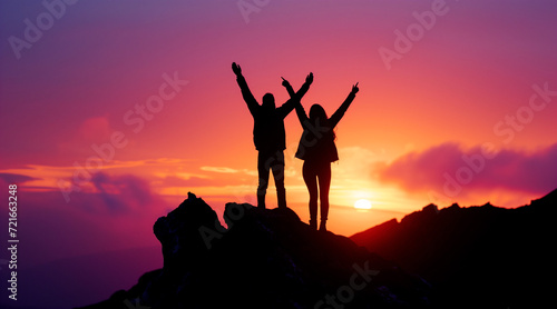 Small silhouette of a couple standing with raised arms on rocky mountain top at sunset