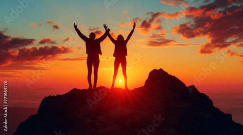 Small silhouette of a couple standing with raised arms on rocky mountain top at sunset