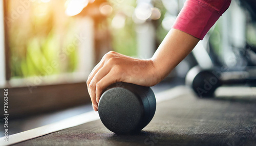 woman's hand, bathed in morning sunlight, pushing up in a gym, symbolizing determination and wellness