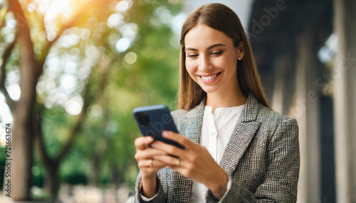 woman immersed in phone, blurred backdrop symbolizes digital connection, happiness, and contemporary lifestyle in vibrant stock photo