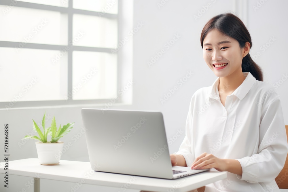 An Asian woman sits with her laptop in a minimalistic white room, creating a tranquil and productive atmosphere for work Generative AI. An Asian woman sits with her laptop in a minimalistic white room, creating a tranquil and productive atmosphere for work Generative AI.
