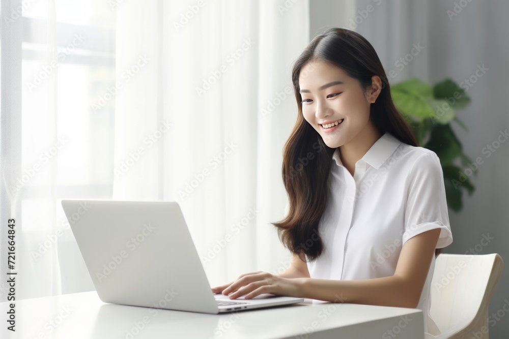 An Asian woman sits with her laptop in a minimalistic white room, creating a tranquil and productive atmosphere for work Generative AI. An Asian woman sits with her laptop in a minimalistic white room, creating a tranquil and productive atmosphere for work Generative AI.