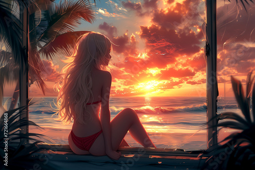 anime girl in a swimsuit on the beach sunset