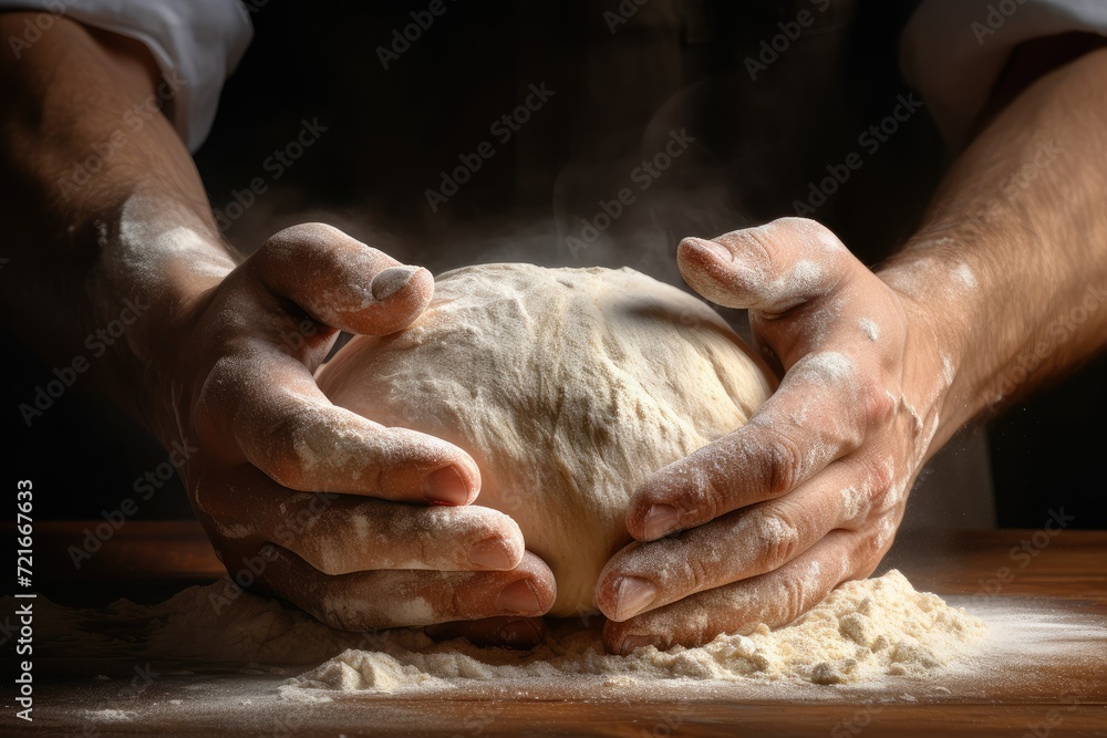 Male hands kneading dough on wooden table, closeup view. Males hands making bread on dark background. Close up of male baker hands kneading dough. Baking concept.