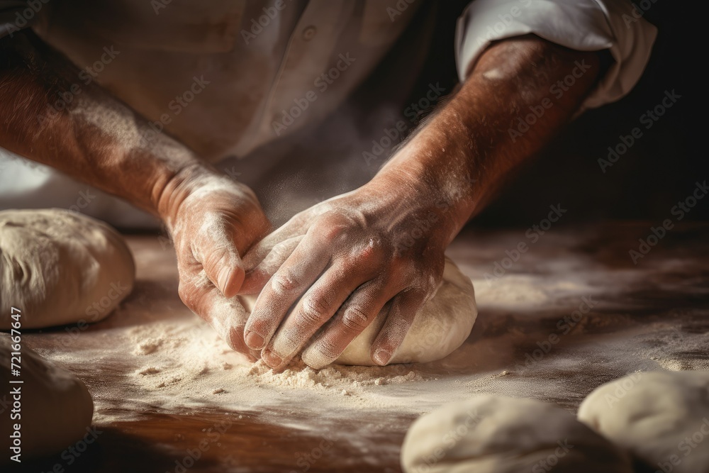 Close-up of male hands kneading dough on wooden table. Baking concept. Chef Making And Kneading Fresh Dough. Close up of male baker hands kneading dough.