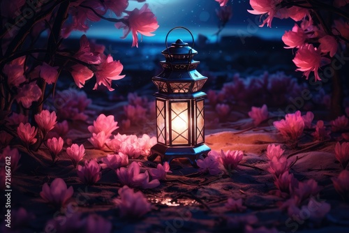 Lantern with pink sakura blossoms at night. Selective focus. Antique Lantern Amidst Cherry Blossoms at Dusk. Beautiful glowing lantern with pink sakura flowers.