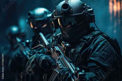 Elite Special forces soldier with assault rifle on dark background. Studio shot. futuristic soldiers equipped with battle armor and assault rifle in a combat zone. action mood.