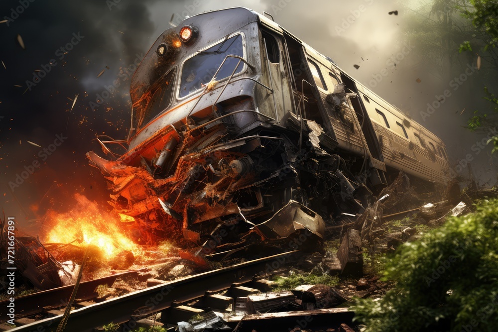 Train crash, derailment burning train with smoke and fire. Concept of train accident. train derailed exploding with fire and smoke.