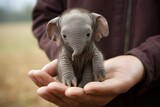 Little baby elephant in the palm of a man. Elephant tiny elephant standing on human hand. Selective focus. concept of nature and wild life protection.