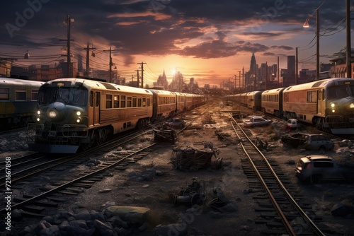 Old empty trains with lights on damaged rail tracks in an abandoned railway station at sunset. 3d illustration. train journey. abandoned wagon. damaged trains parking lot. photo