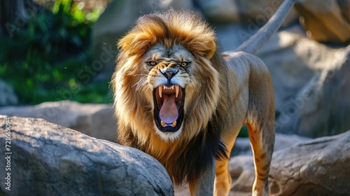 The angry lion showed his fangs