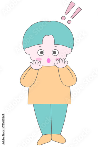 おかっぱあたまの驚いている男の子の全身イラスト