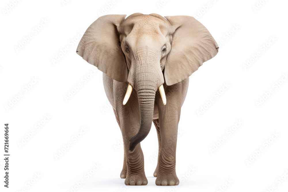 Obraz premium Powerful and Majestic: Closeup Portrait of an Isolated African Elephant, Symbol of Strength and Wilderness, Approaching with Determination in the Grey Background