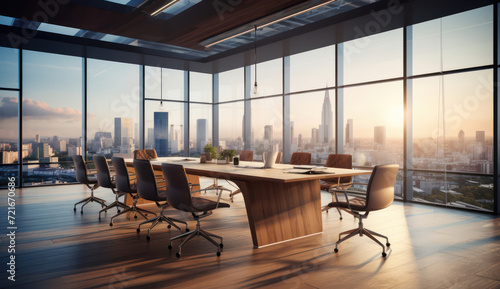 Modern Corporate Interior with Panoramic City View  A Contemporary Office Space with Empty Boardroom and Stylish Wooden Furniture
