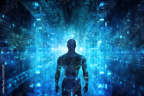 Tech Evolution: A Futuristic Digital Connection of Human Body and Machine in a Blue Background